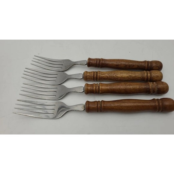 Stainless Steel Flatware Wood Handles Taiwan Lot of 12 Silverware Fork Spoon - Picture 2 of 9